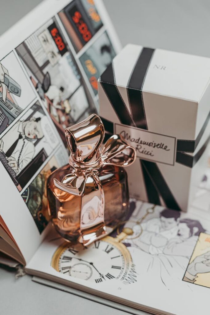 Artistic perfume bottle displayed with a comic book backdrop, creating a blend of luxury and pop culture.