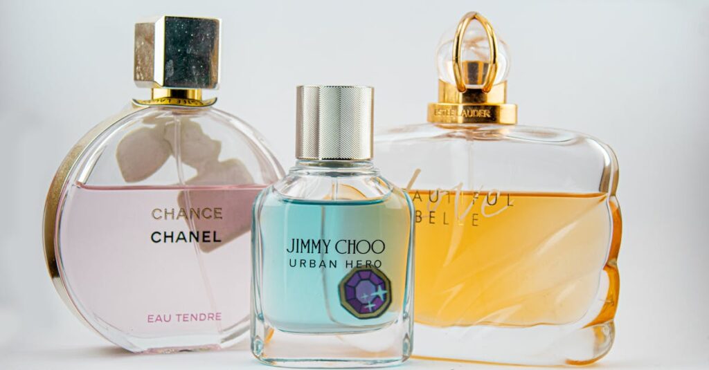 Elegant display of designer perfume bottles featuring Chanel, Jimmy Choo, and Estee Lauder.